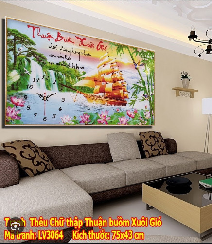Tranh thêu đồng hồ,  Tranh thêu thuận buồm xuôi gió tặng kéo cắt chỉ và kim siêu tốcx- Ngocthinhshop