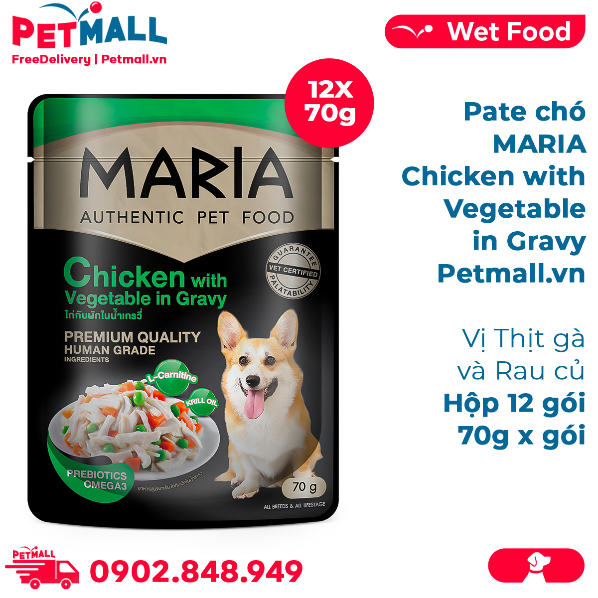 Pate chó MARIA Chicken with Vegetable in Gravy 70g - Hộp 12 gói