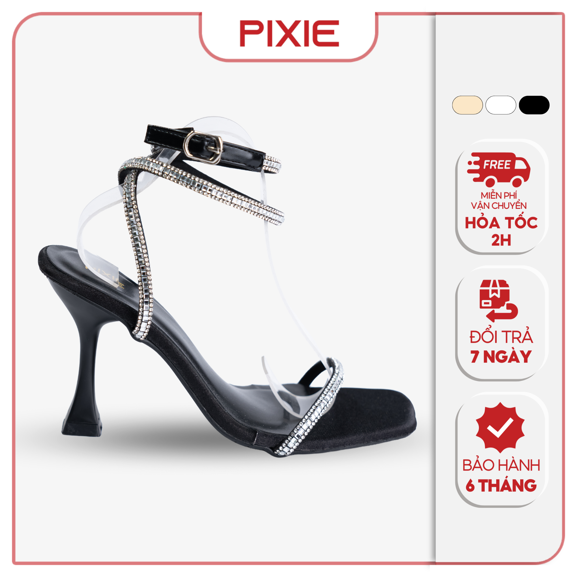Pixie -Giày Sandal Cao Gót 9cm Quai Đính Đá Mũi Vuông Pixie E175