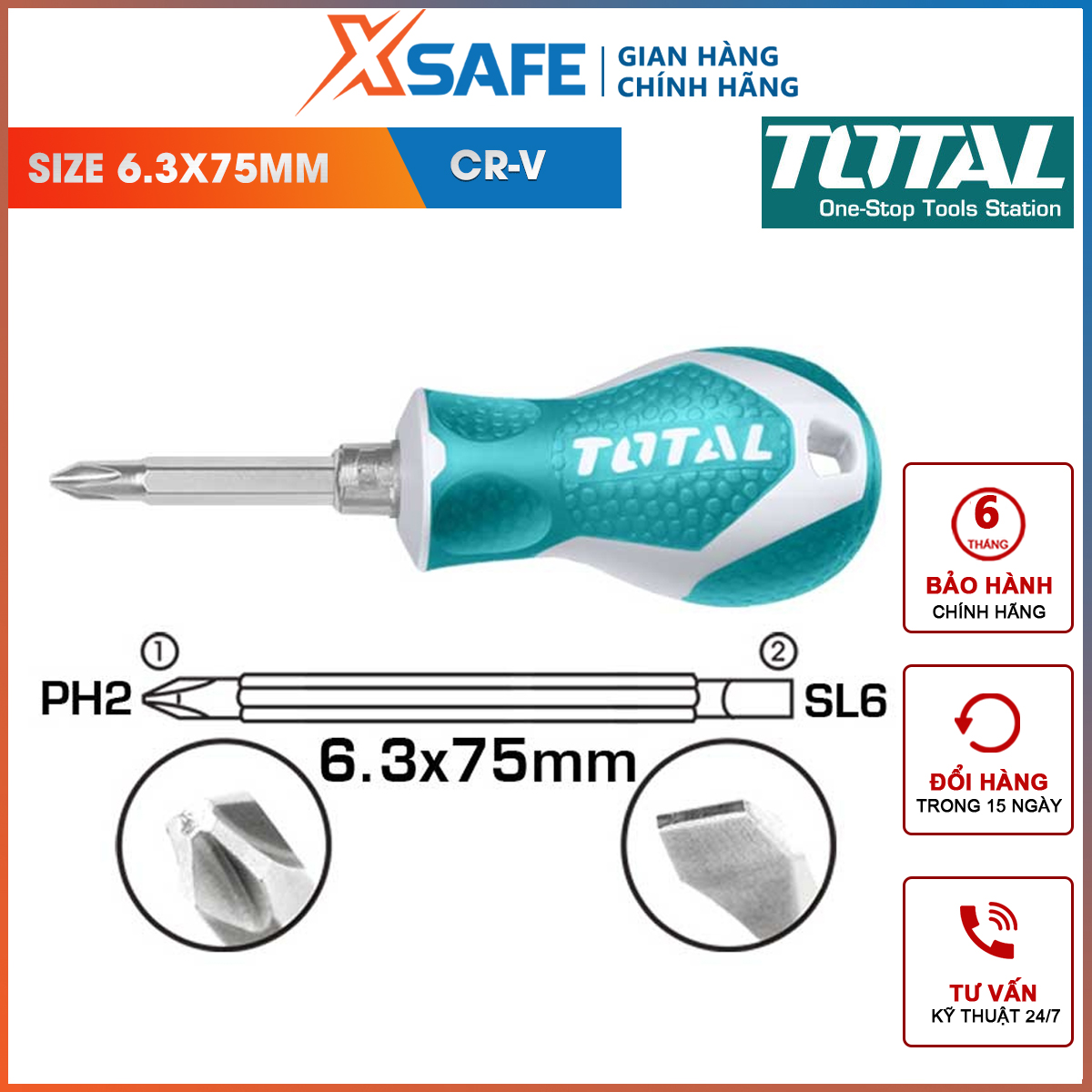 Screwdriver 2 head cleaner and bake total THT250216 | set of screwdrivers 2 in 1 size 6. 3x75mm, PH2 + SL6 material steel CR- V used to tighten or removed ốc screw [Main genuine] [xsafe]