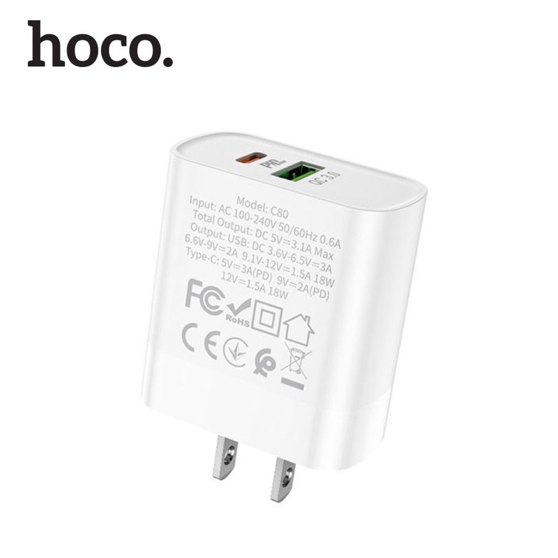 Củ sạc nhanh Hoco C80 2 cổng sạc PD 20w QC3.0 (USB + TYPE-C)