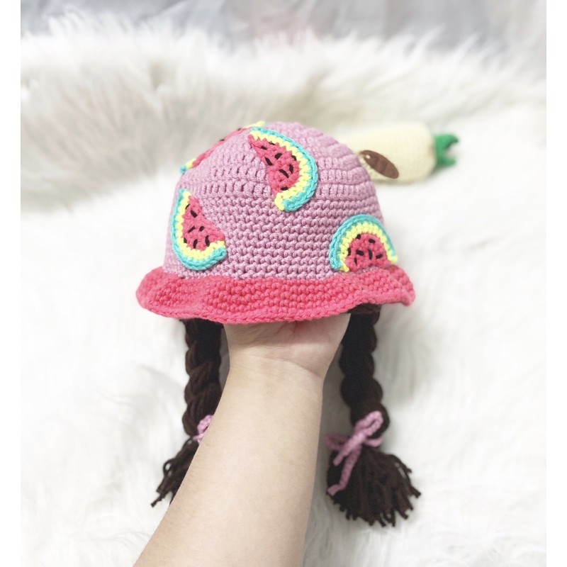 [Crochet] Mũ Len Dưa Hấu ?? Bím Tóc Xinh Cho Bé