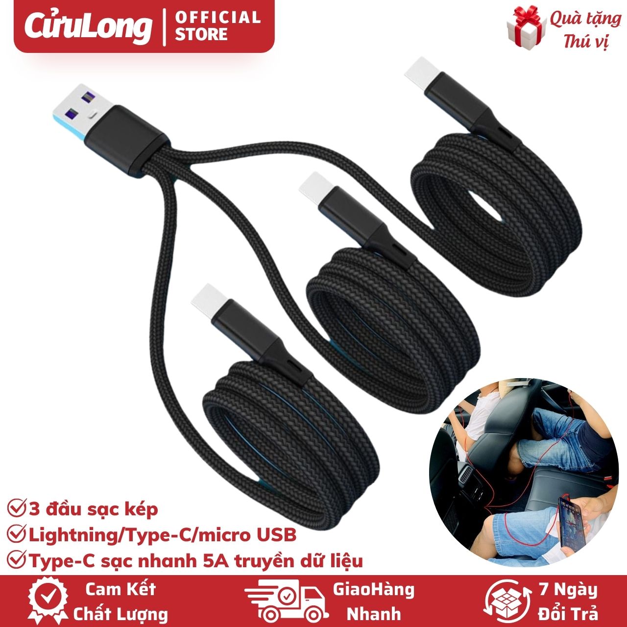 Dây Sạc Nhanh 3 Đầu Kép Giống Nhau Đa Năng, cáp sạc nhanh 5A Type C Lightning Micro USB cho điện thoại máy tính bảng Cửu Long store