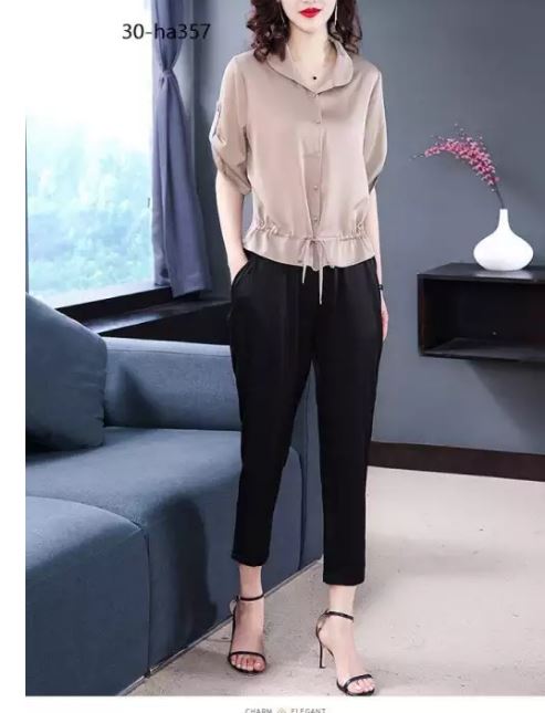 Set bộ lụa áo kiểu rút eo cao cấp