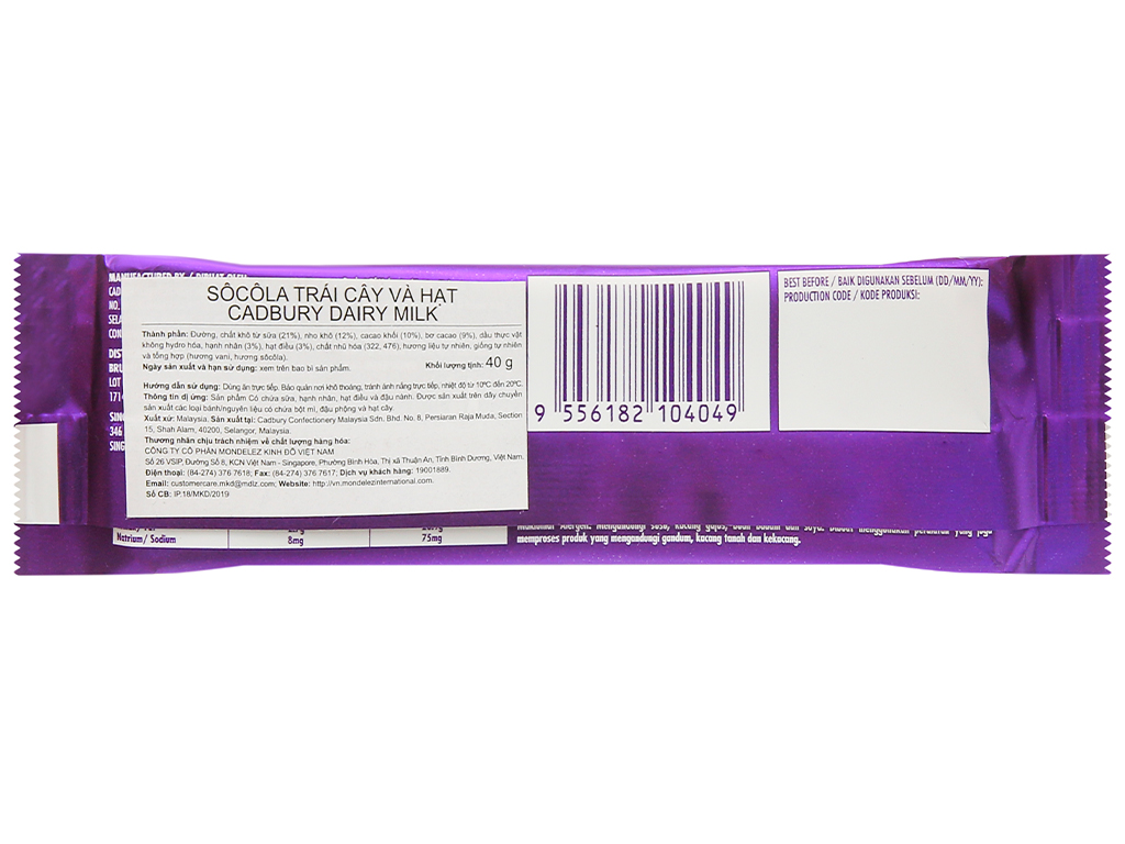 [HCM]2 Socola sữa trái cây Cadbury Dairy Milk (thanh 40g)