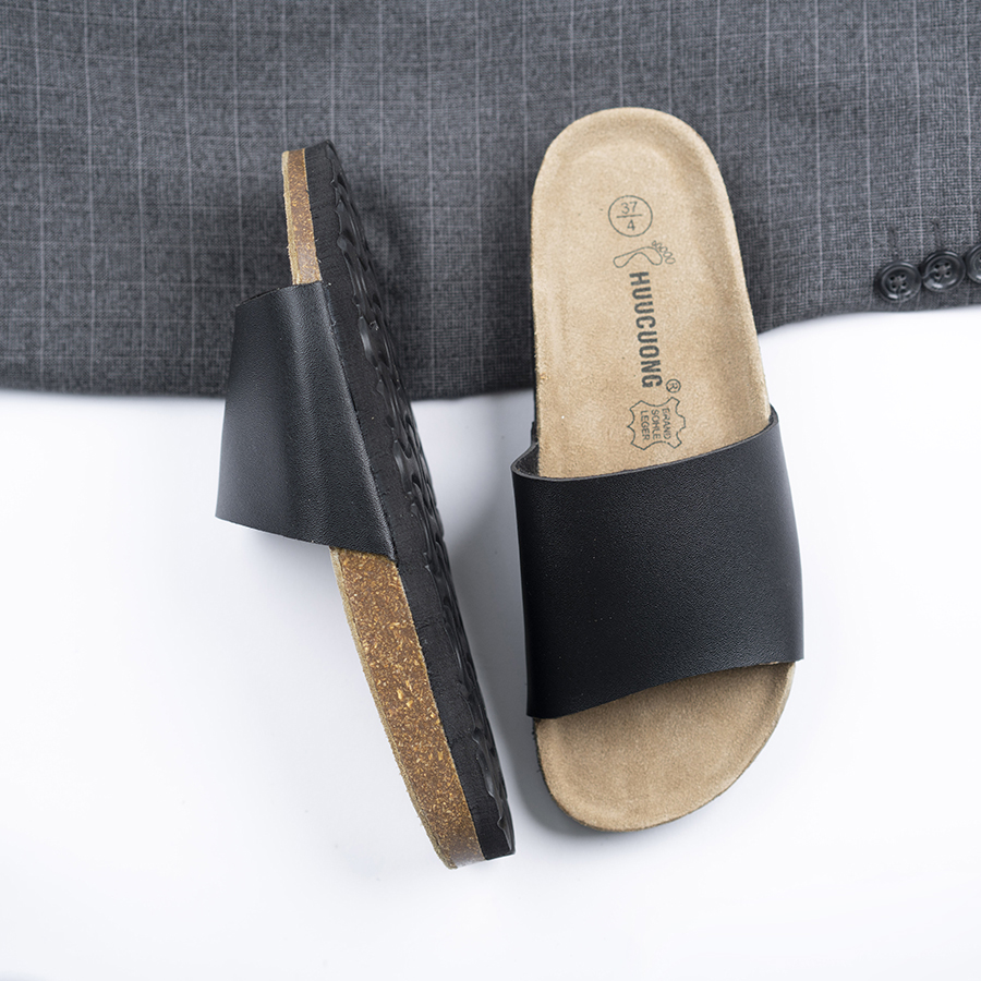 Dép đế trấu unisex 1 quai da pu đen