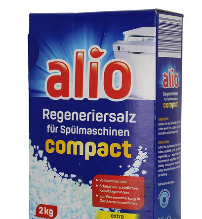 Muối rửa bát Alio hộp 2kg nhập khẩu Đức + Tặng que thử nước cứng