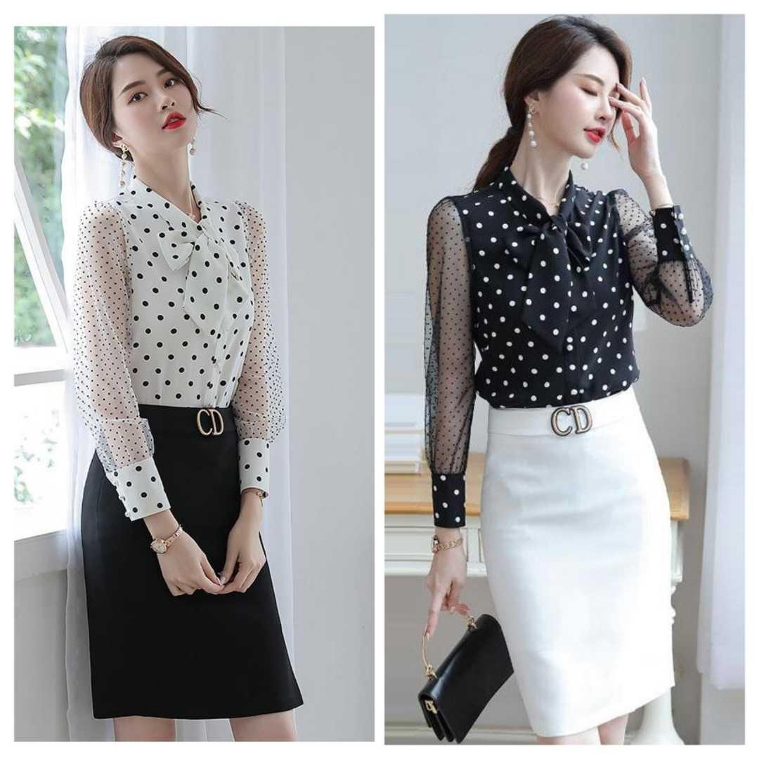 ÁO SƠ MI NỮ CHẤM BI TAY PHỐI LƯỚI CAO CẤP