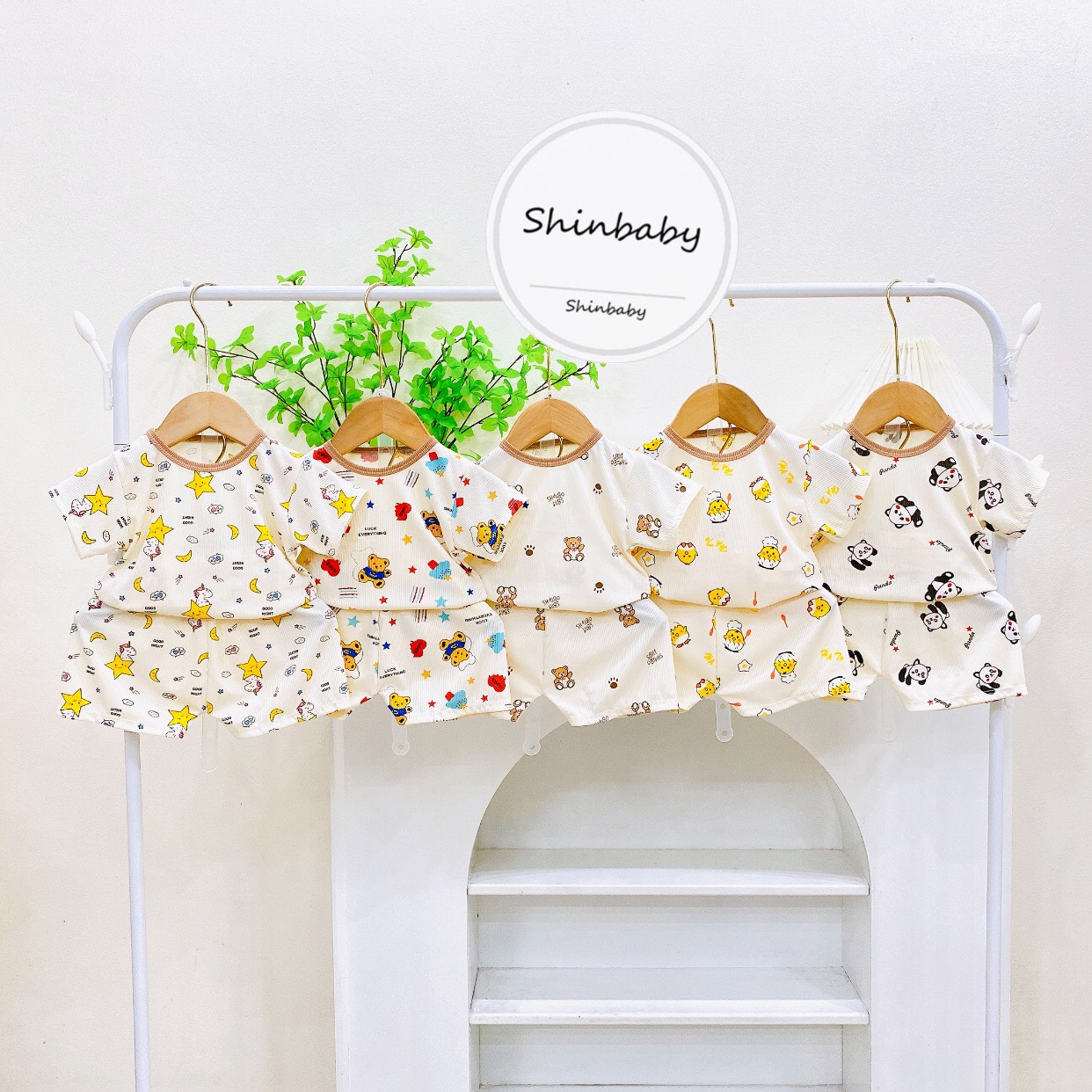 Set 5 bộ gân tăm lạnh cộc tay mềm mát nhiều họa tiết dễ thương cho bé