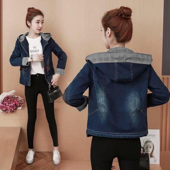 Áo khoác jean cổ viền sọc có nón