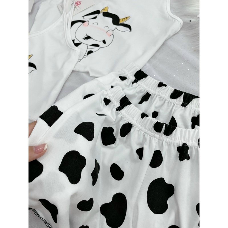 Sét Bộ Áo Thun 2 Dây In Hình Con Bò Sữa Kết Hợp Quần Short Bò Sữa Siêu Dễ Thương Hot Trend TTSLA0504