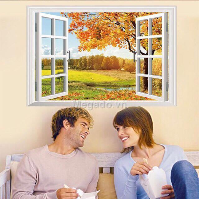 Decal dán tường  mẫu khung cửa sổ cây vàng