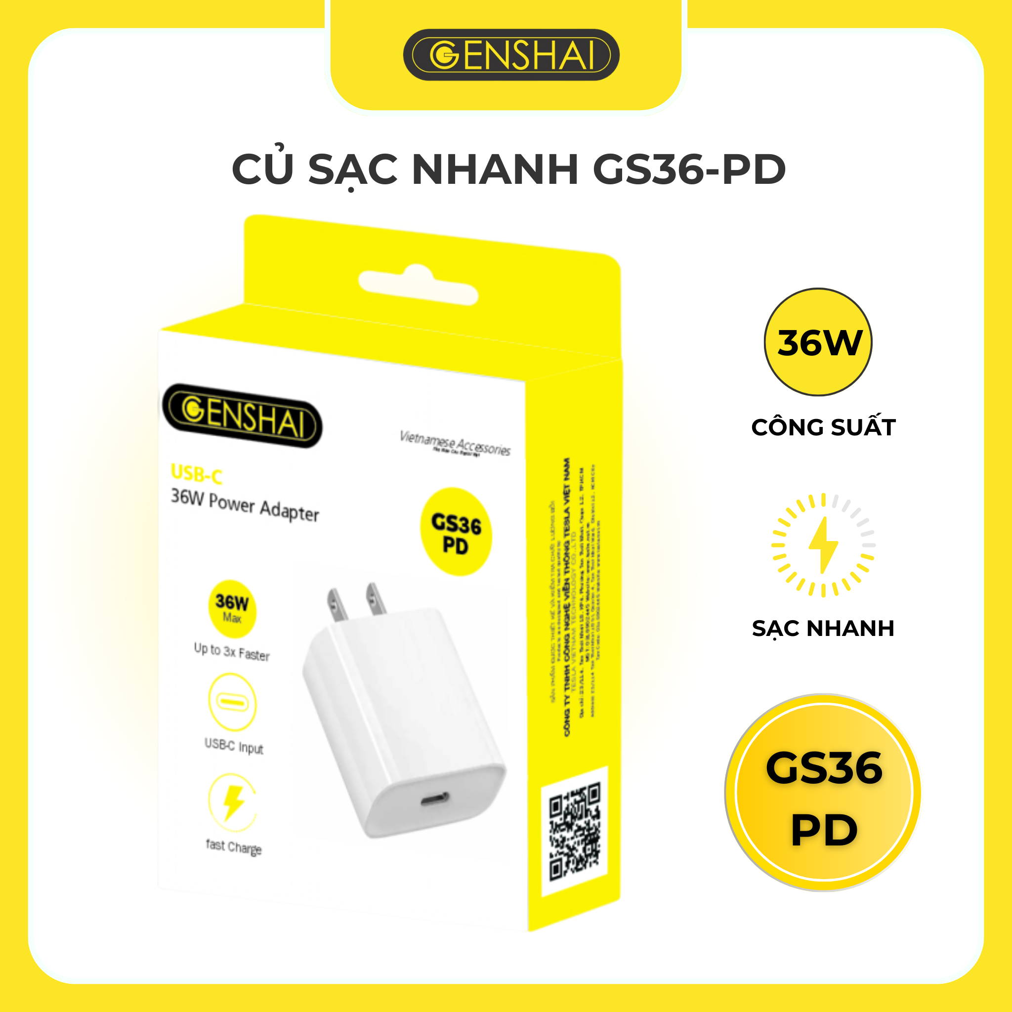 Củ Sạc Nhanh 36W Cổng Type-C Genshai GS36PD - Bảo Hành 12 Tháng 1 Đổi 1 - Made in Việt Nam