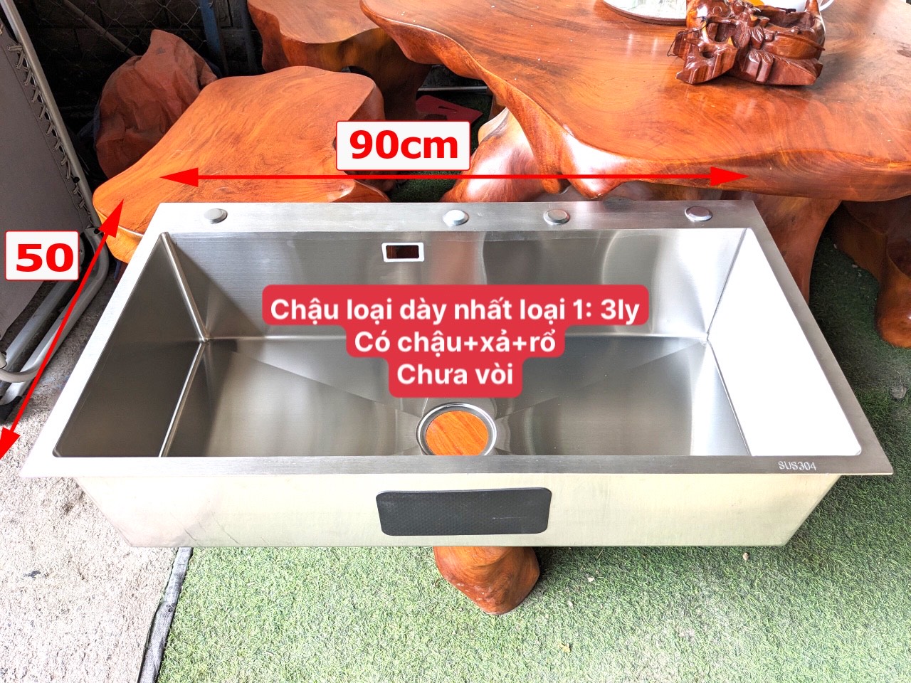 Loại 1 chậu dày 3ly hàng công ty chậu rửa chén bát 1 hộc cao cấp n20 7846 có kích thước 9046 9050 8245 100% inox sus 304 và khay và xả và thớt