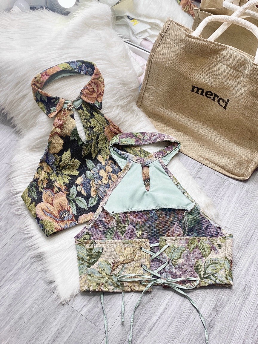 ÁO YẾM NỮ CỔ SƠ MI THỔ CẨM HOA VINTAGE ĐAN DÂY HỞ LƯNG CHÉO VẢI MỀM THỜI TRANG