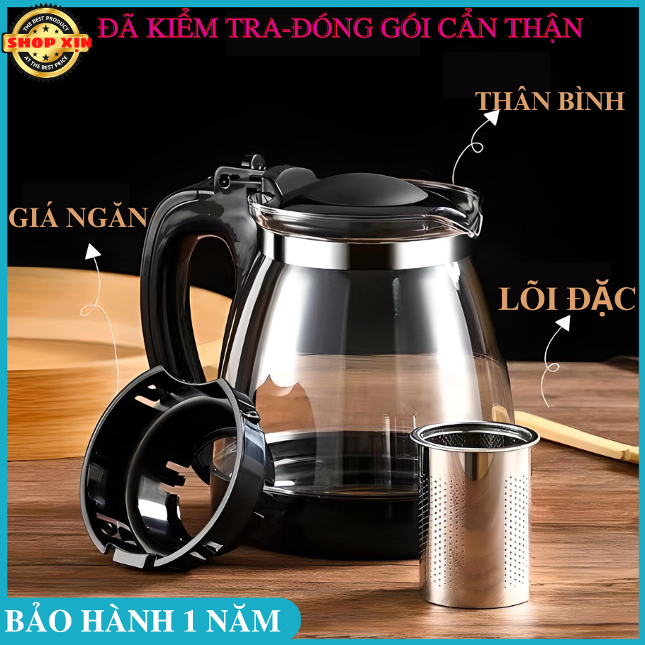 Bình pha trà thuỷ tinh có lõi lọc dung tích 1500ml , bình nước thủy tinh có lõi lọc trà inox nắp đậy và quai cầm chống nóng cao cấp