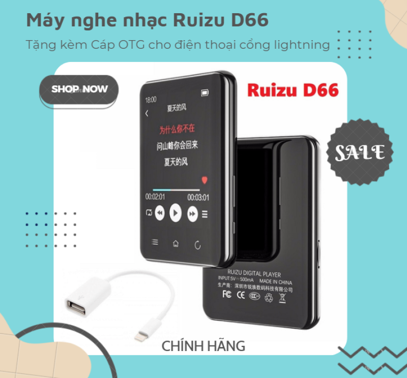 Máy nghe nhạc và xem phim Ruizu D66 màn hình 2.8inch hỗ trợ BLuetooth 5.0 bộ nhớ trong 16G Tặng kèm Cáp OTG cho điện thoại cổng lightning- Hàng chính hãng