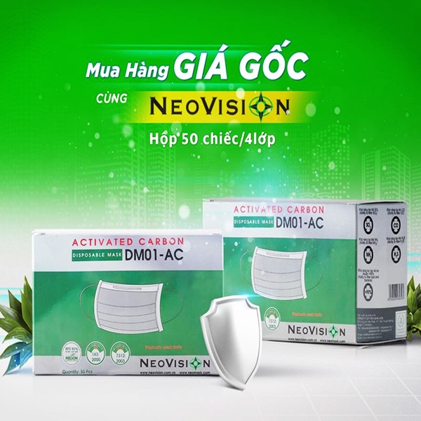 Hộp 50 cái khẩu trang than hoạt tính dm01 ac có lọc kháng khuẩn chống nước - chính hãng neovision