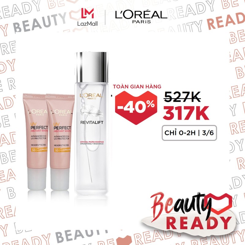 Bộ dưỡng da căng mướt ban ngày LOreal Paris 2 sản phẩm : Dưỡng Chất Căng Mướt Da Micro Essence 130ml và 2 Kem chống nắng dưỡng trắng nâng tone da tức thì 15ml