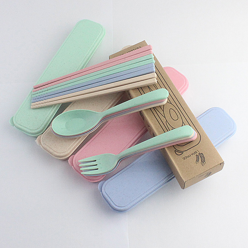 Bộ Hộp 3 Món Đũa, Thìa (Muỗng), Dĩa (Nĩa) Bằng Lúa Mạch Màu Pastel