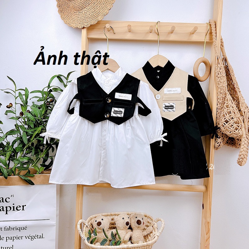 Váy bé gái Babydoll dài tay buộc nơ kèm áo gile 2 mầu Đen và Trắng XHN1052