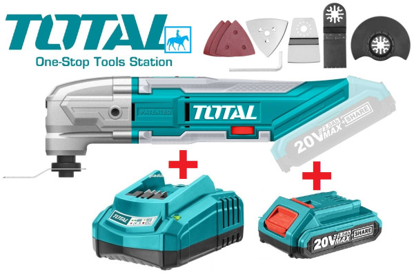 Máy cắt đa năng dùng pin 20v total TMLI2001 bao gồm pin 20v và đế sạc