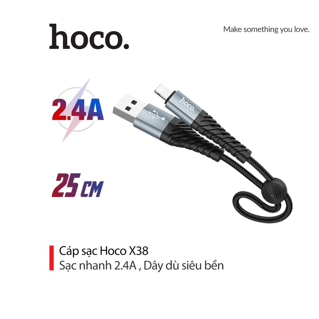 Cáp sạc 2.4A truyền dữ liệu Hoco X38 Lightning dây dù siêu bền dài 25CM cho iPhone/iPad
