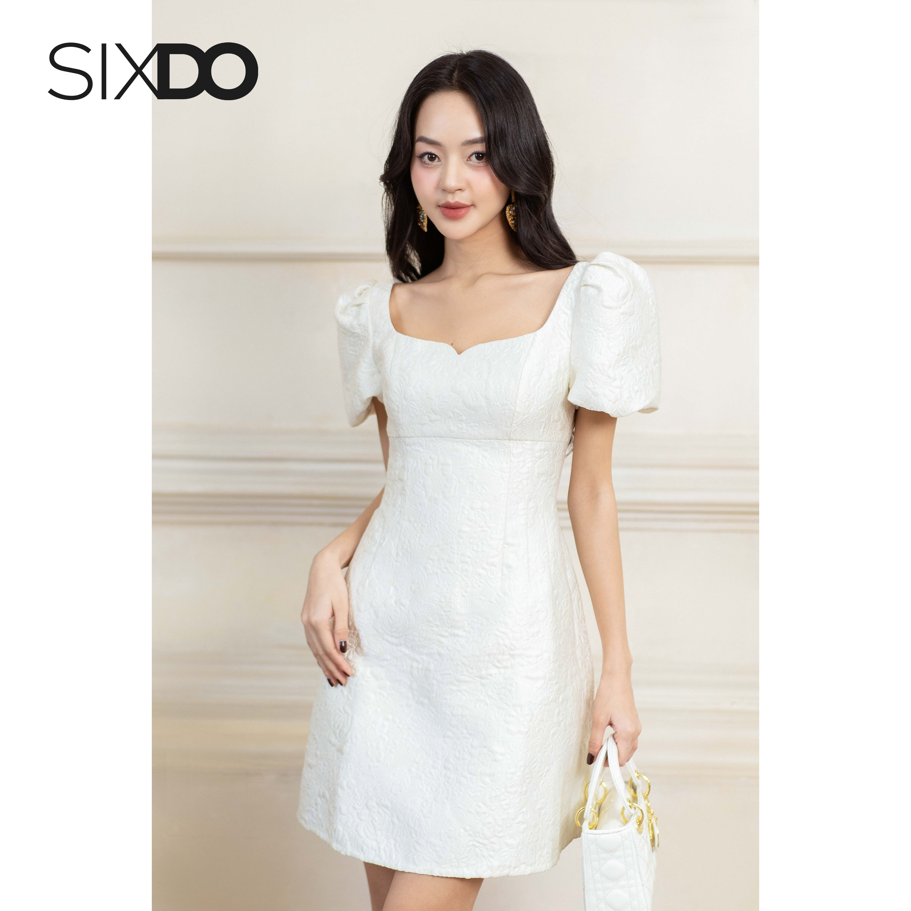 Đầm gấm cổ vuông ngắn tay SIXDO (White Puff-sleeves Mini Brocade Dress)