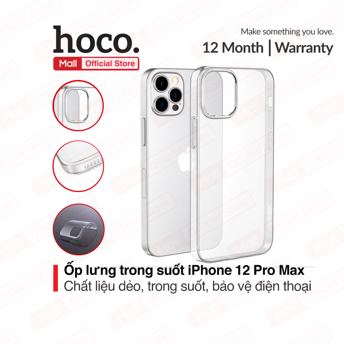 Ốp lưng Hoco dành cho iPhone 12pro max cao cấp kích thước 6.7inch dẻo trong suốt ôm sát bảo vệ điện thoại