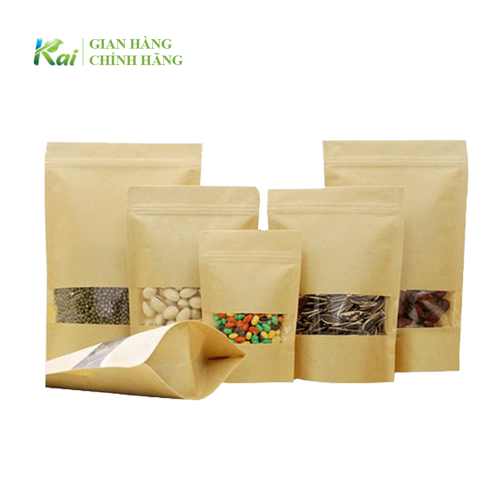 50 túi zip giấy kraft nâu, có cửa sổ, an toàn thực phẩm, nhiều kích cỡ, chất lượng, có số lượng lớn