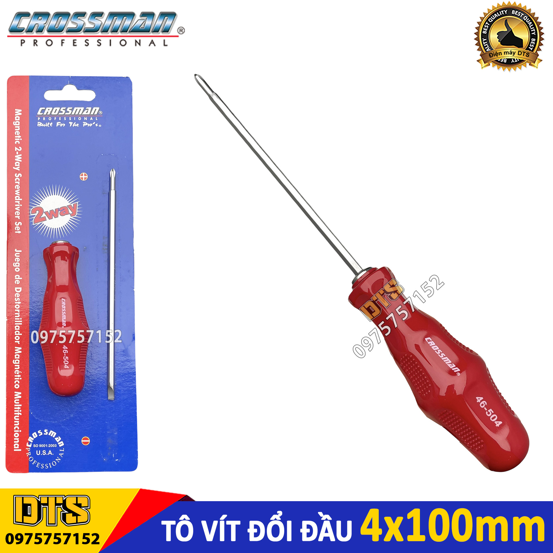 Tô vít 2 đầu cao cấp 4x100mm CROSSMAN 46-504, tua vít dẹp và bake trở đầu thép CR-V siêu cứng, siêu bền, đầu hít nam châm vĩnh cửu, tay cầm thiết kế chống lăn, chống va đập (Model mới nhất), tô vít đảo đầu, tua vít 2 đầu