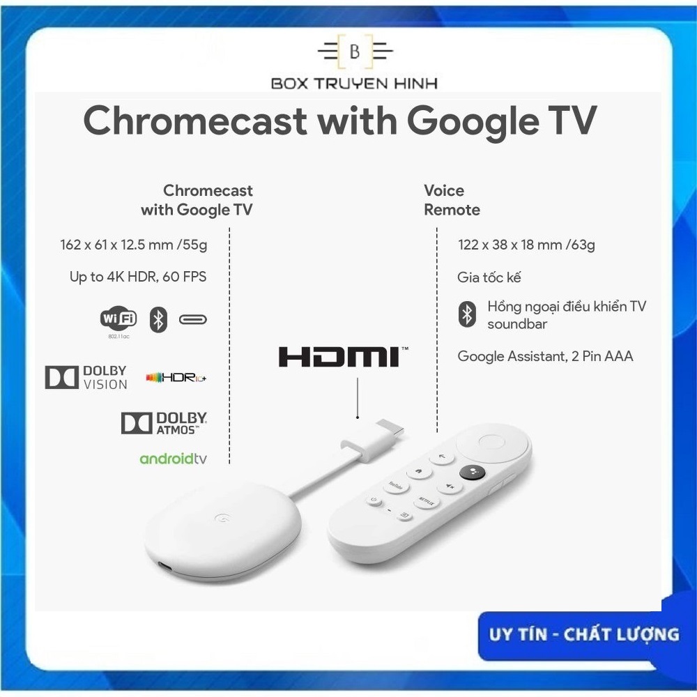 Google Chromecast 4K with Google TV, hỗ trợ Dolby Vision, ra lệnh giọng nói Tiếng Việt, Netflix 4K, HDR