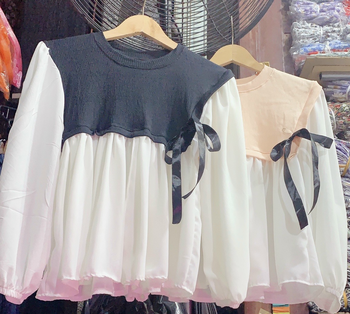 ÁO BABYDOLL CỘT NƠ EO PHỐI MÀU TRẮNG ĐEN MC