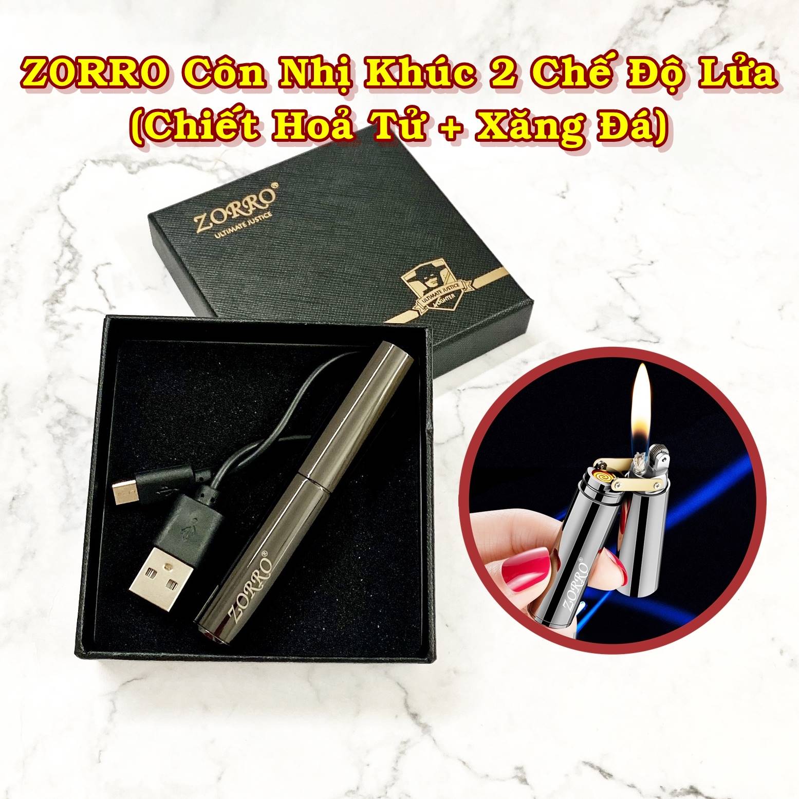 BẬT LỬA ZORRO CÔN NHỊ KHÚC 2 CHẾ ĐỘ LỬA (CHIẾT HOẢ TỬ + XĂNG ĐÁ) (FULLBOX) - (SẠC ĐIỆN - XÀI XĂNG) VÀNG, ĐEN,BẠC