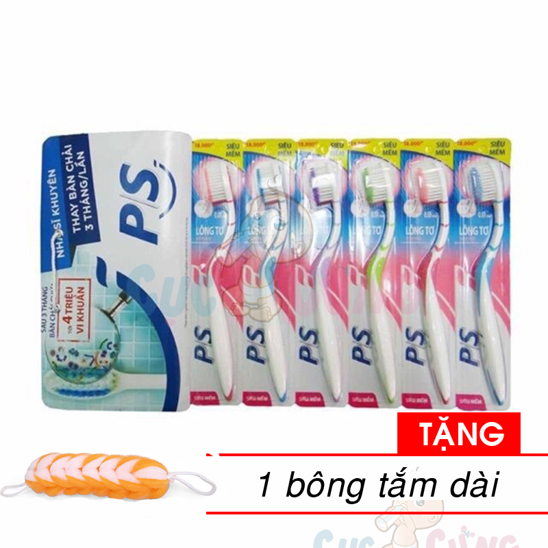 Set 6 cây bàn chải đánh răng P/S lông tơ mềm mại Tặng 1 bông tắm màu ngẫu nhiên