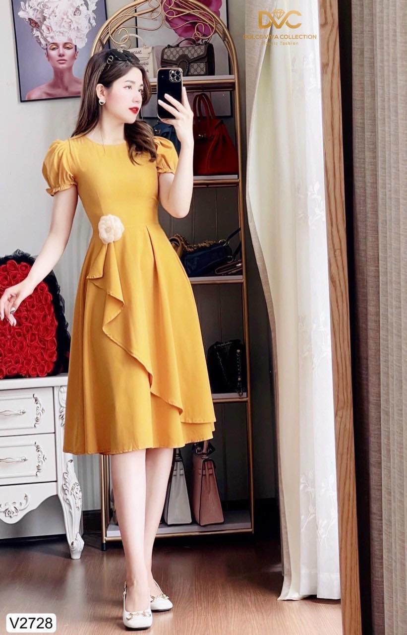 Đầm xòe tiểu thư dự tiệc đính hoa eo dễ thương