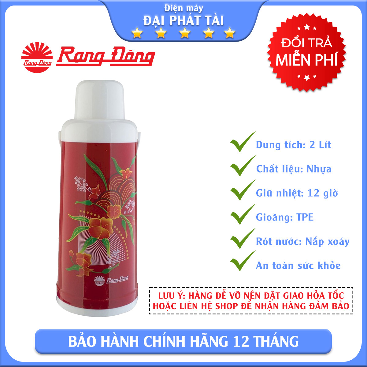 CHỈ GIAO Ở TP.HCM Phích nước nóng Rạng Đông 2035 N3 -2L đỏ