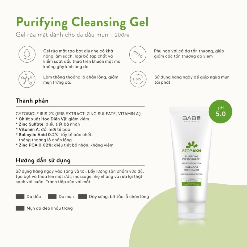 Sữa Rửa Mặt Babe Stop Akn Purifying Cleansing Gel 200ml