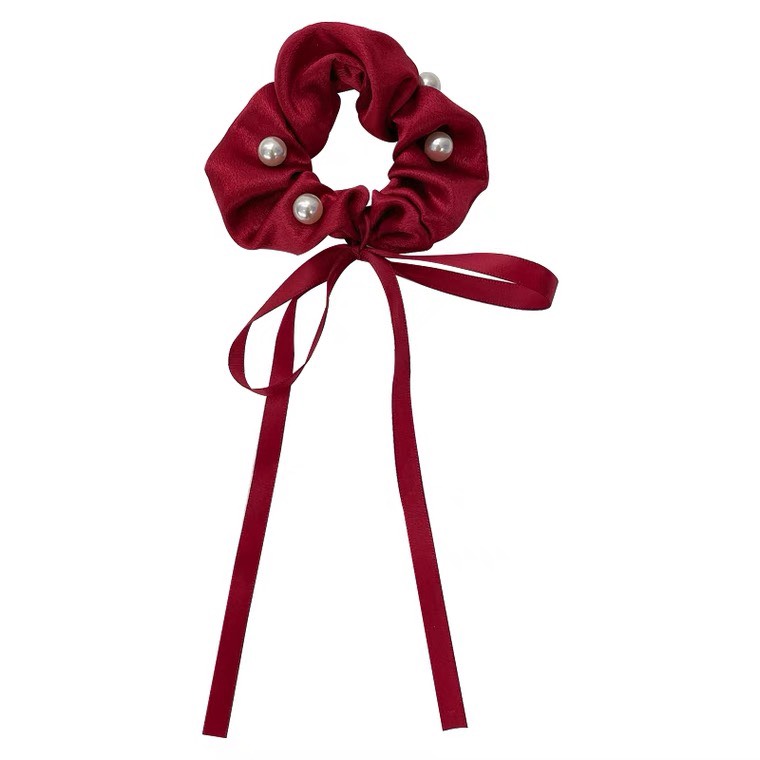 Cột tóc Scrunchies lụa đính hạt trai, phụ kiện tóc phong cách Hàn Quốc