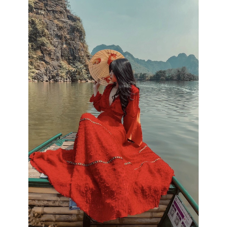Đầm maxi đi biển váy maxi lông khoét viền