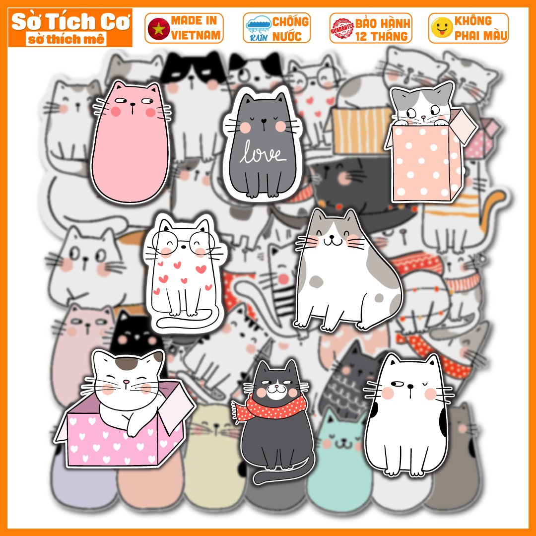 Bộ 50 Sticker Cute Cat dán điện thoại laptop nón bảo hiểm guitar vali MSP: A22