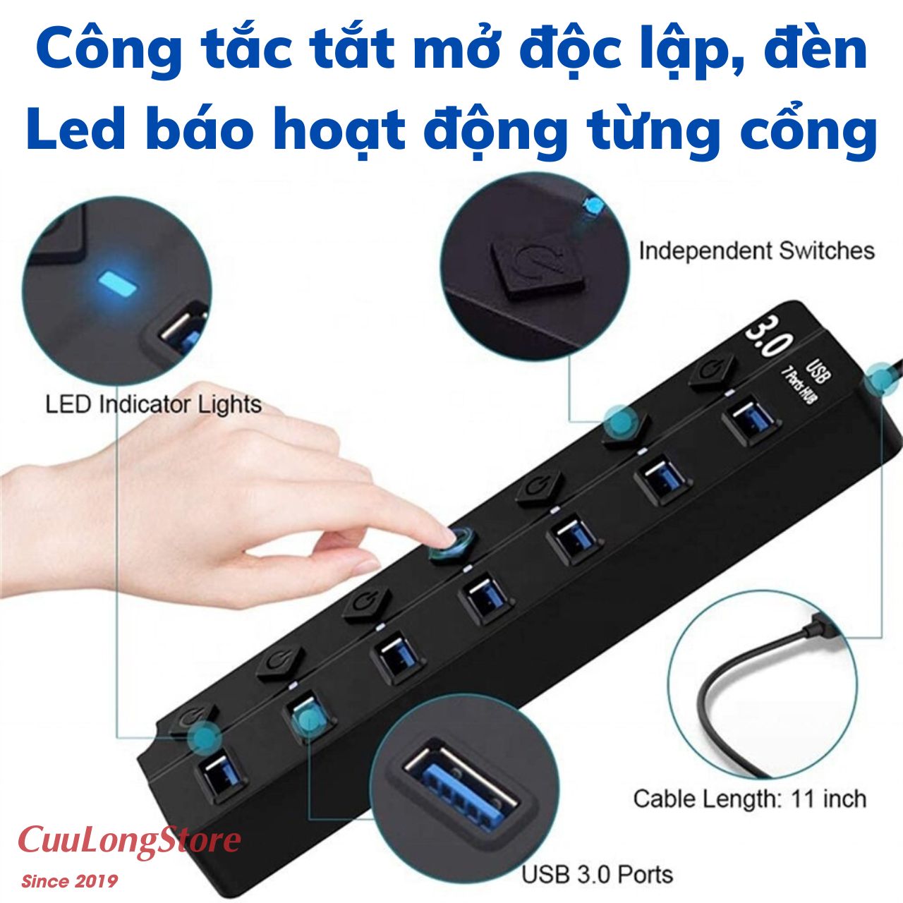 Hub Chia Cổng USB Trung Tâm 3.0 Type-C – Bộ chia USB OTG chuyển đổi có công tắc nguồn Led - Tốc độ cao 5Gbps