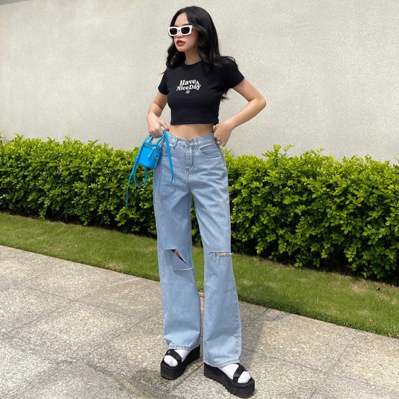 Quần jeans ống suông rách gối nữ