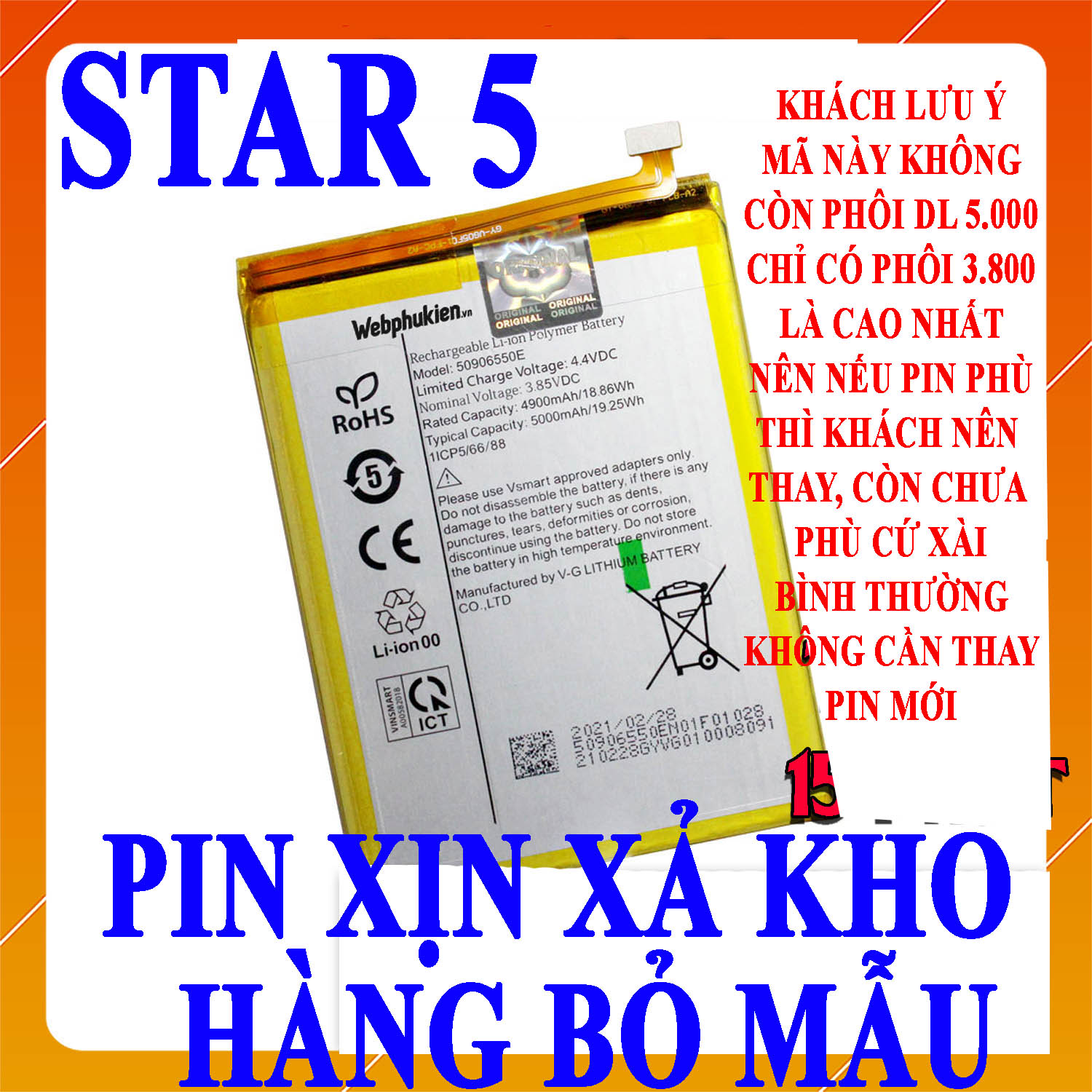Pin scud cho vsmart star 5 - model 50906550e dung lượng 5000mah