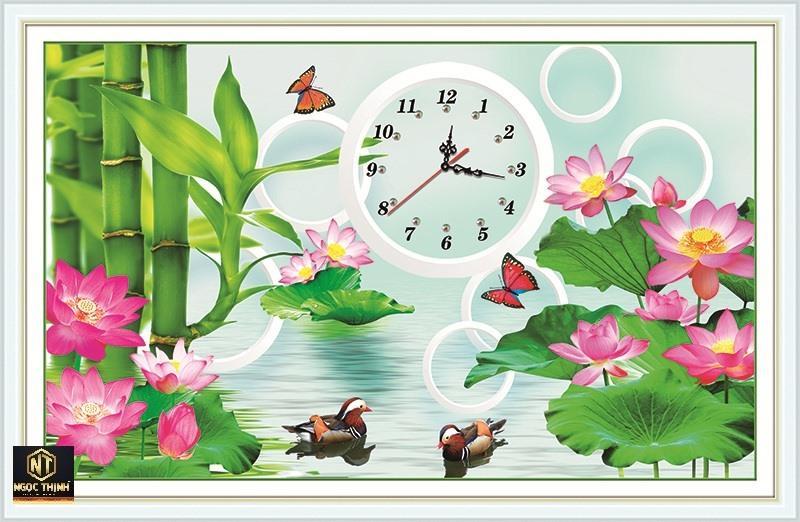 Tranh đính đá cao cấp Đồng Hồ Hoa Sen- KT: 61x41Cm (Tranh chưa đính có đầy đủ dụng cụ)