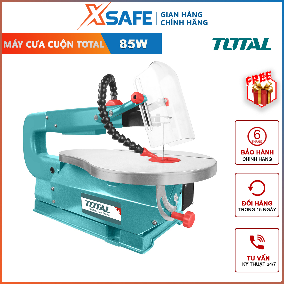 Sawing Machine parasols table Total TS88501 85W, sawing machine roll no-load speed: 0-1450rpm, saw blade no-load speed: 0-1450rpm, dimensional cut deep 50mm, cutting width 410mm table size: 375mm x 250mm, inclined table: 0-45 ° right and left-genuine