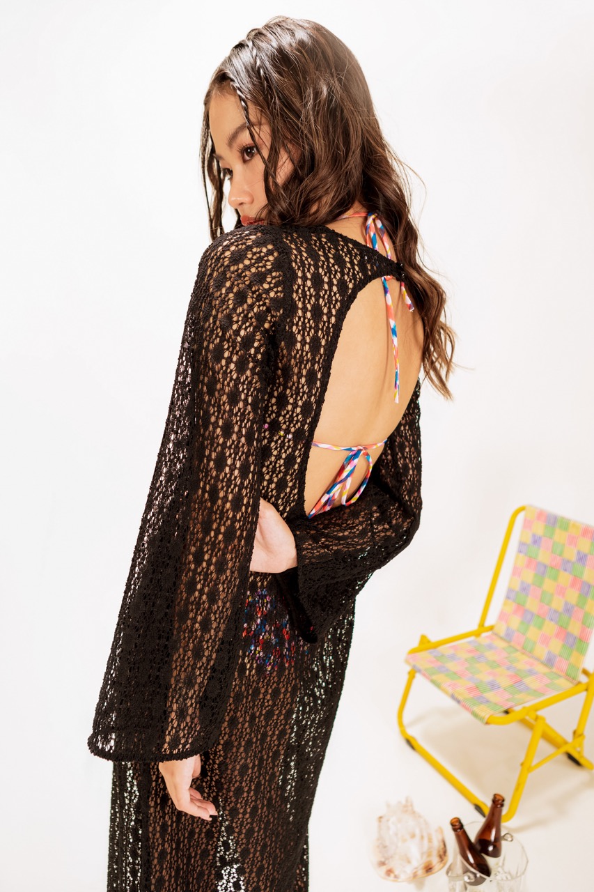 LIBÉ - Đầm crochet dài dáng suông tay dài màu đen