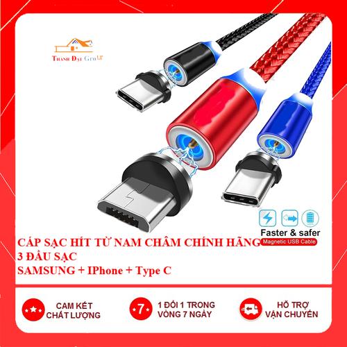 Cáp sạc nam châm 3 đầu, 3 trong 1 gồm 3 chân nam châm type c, micro usb và lightning, dành cho Iphone, Samsung, OPPO, Xiaomi, dây bọc dù chắc chắn, xoay 360 có đèn led báo