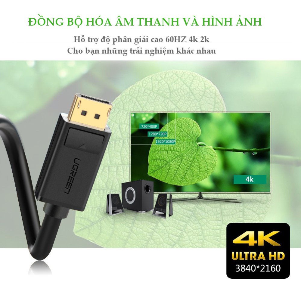 Dây cáp DisplayPort 2 đầu đực tốc độ 21.6Gbps dài 1-5M UGREEN DP102
