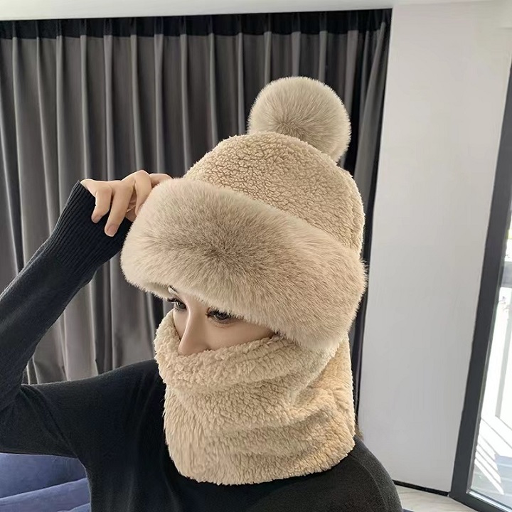 Mũ len nữ lông cừu liền khăn ấm áp cho mùa đông